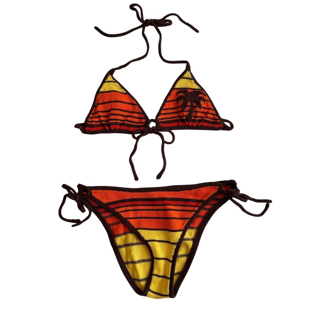 Damsel Stripe Triangle Bikini Sunset Vibrant Palm Tree Bathing Swim Suit Small